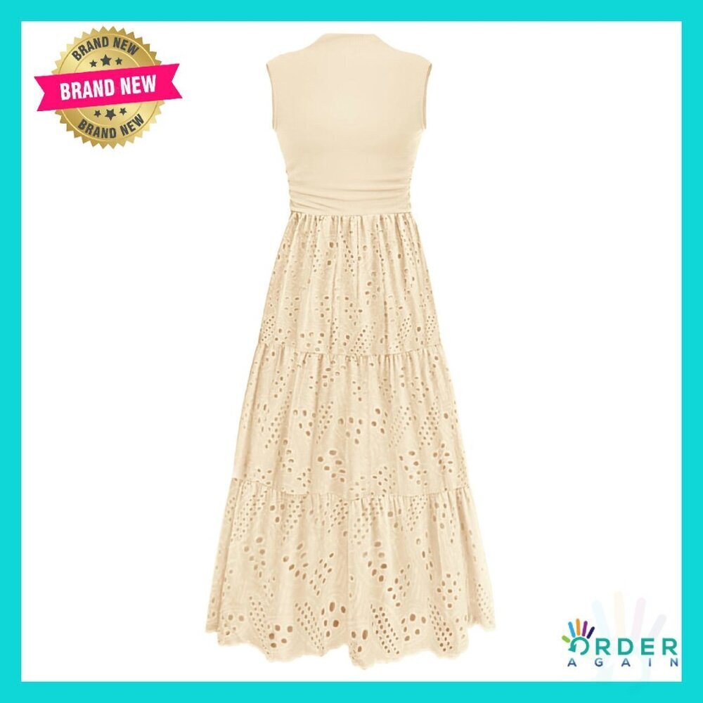 Eyelet Sleeveless Maxi Dress Elegant Wedding Guest Sundress with Pockets